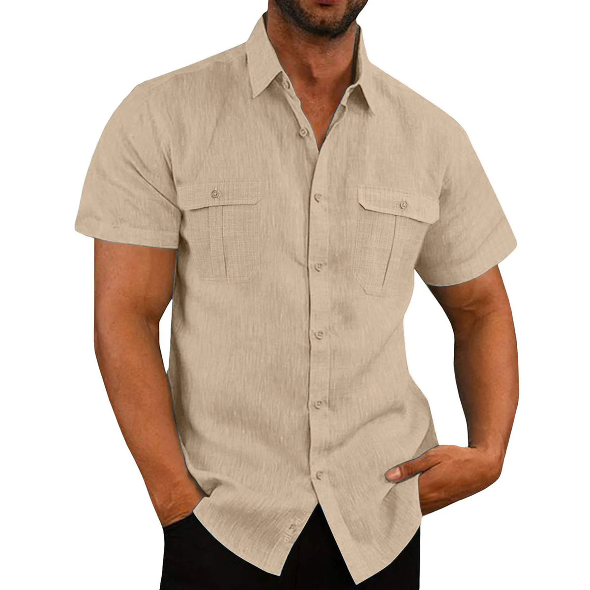 Men's Short Sleeve Linen Blend Button Down Shirt with Double Chest Pockets and Classic Collar for Casual Summer Wear