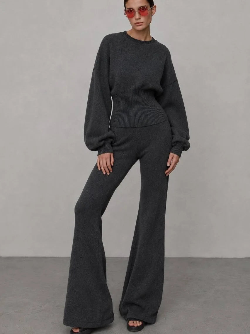 Women Knitwear 2-Piece Set Solid Crew Neck Long Sleeve Slim Waist Ribbed Sweater Top High Waist Wide Leg Pants Casual Set