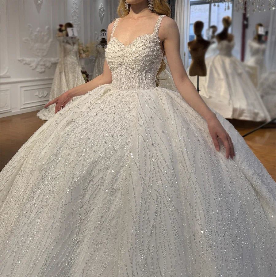 Customized Straps Ball Gown Pearls Beading Princess Wedding Dress