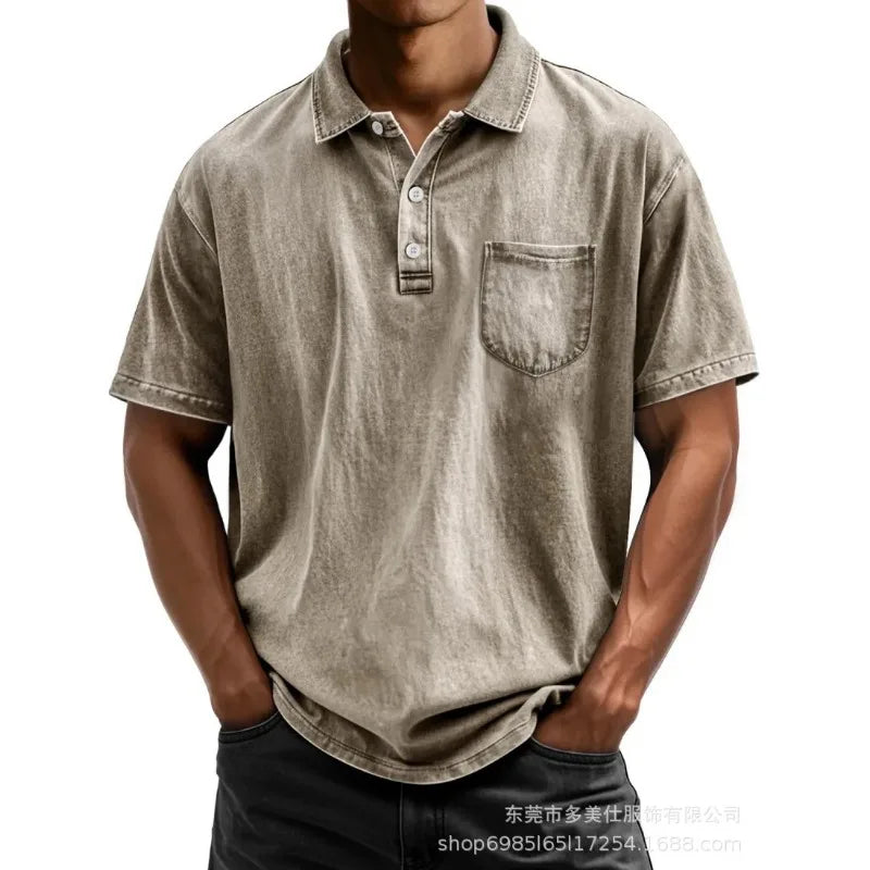 Men Pure Cotton Casual Short Sleeve Polo Shirt Button Turn-down Collar Shirt With Pocket