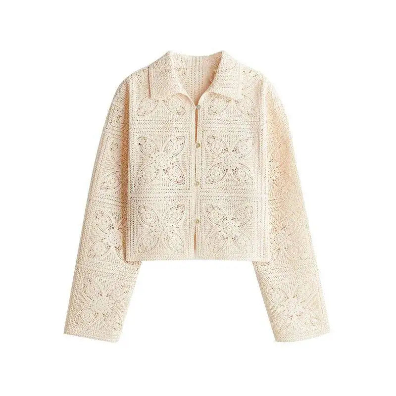 Knit Hollow Out 2 Piece Sets Woman Outfit Elegant Crochet Single-breasted Lapel Top High Waist Shorts Lady Suit Commuting J5VX