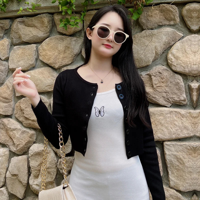 Knitted Ladies Sweaters Outerwear Black Blouses Clothing Crochet Top Jersey Cropped Tricot Korean Fashion Style Cardigan Female