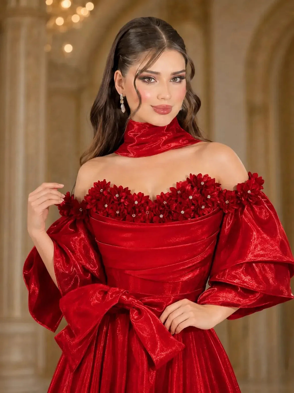 Red Off Shoulder Shiny Satin Evening Gown 3D Floral Puff Sleeve Big Bow