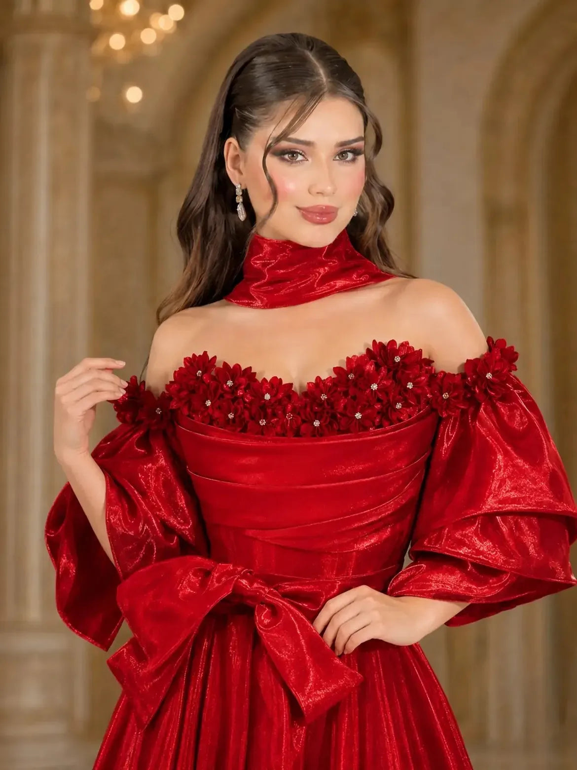 Red Off Shoulder Shiny Satin Evening Gown 3D Floral Puff Sleeve Big Bow