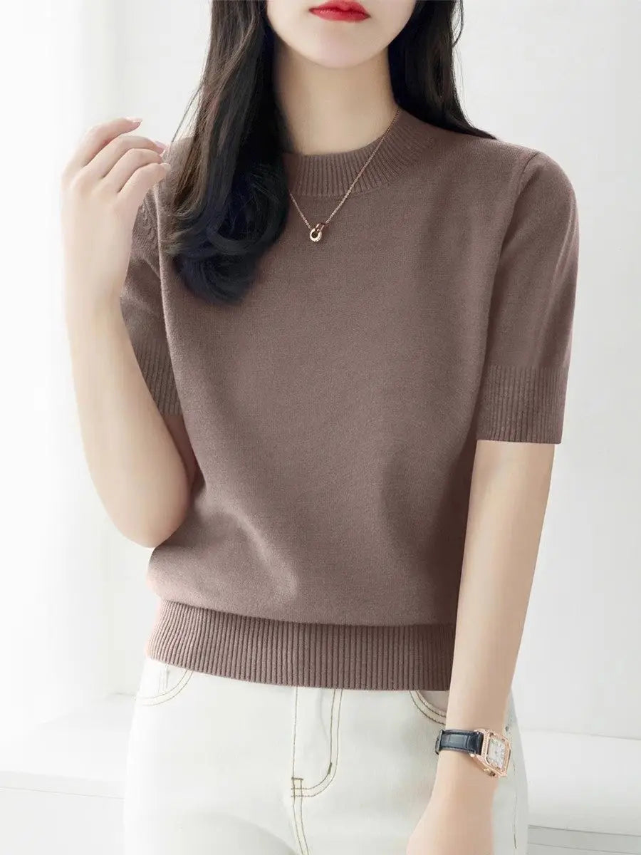 Knitwears New O-Neck Black Knitted Sweater Women Pullovers Short Sleeve Knit Sweater Pullover Women Tops Sueters De Mujer Q3104