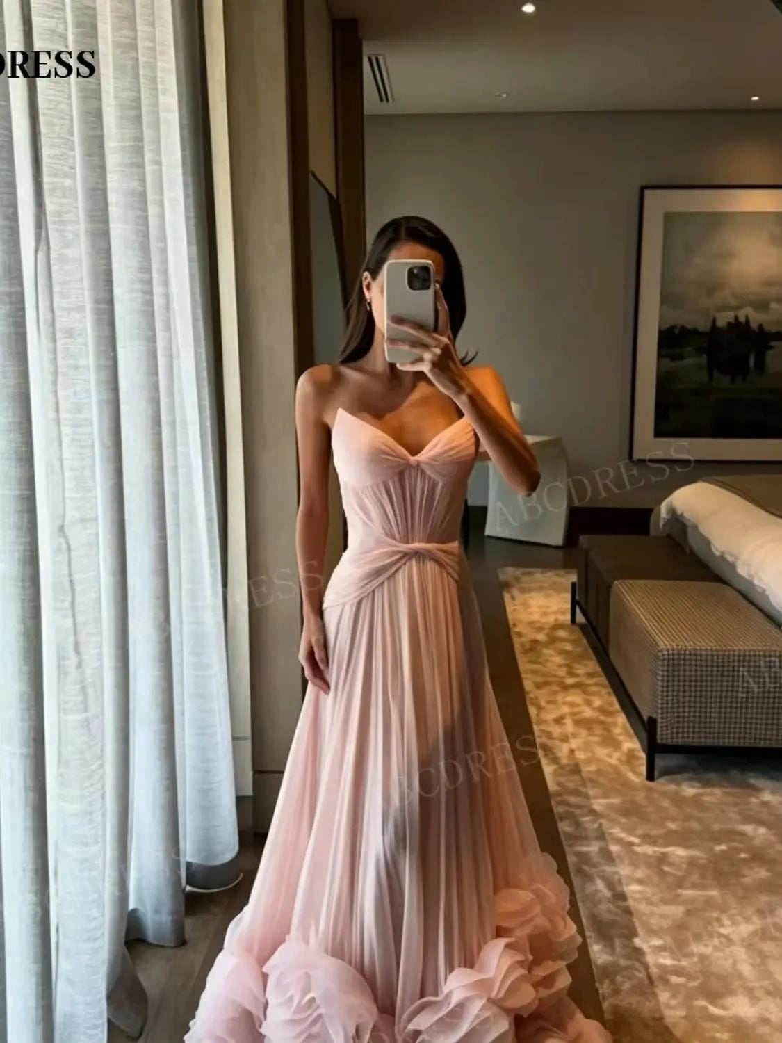 ABCDRESS Dusty Pink Strapless Evening Dress 3D Ruffled Rose Hem Prom