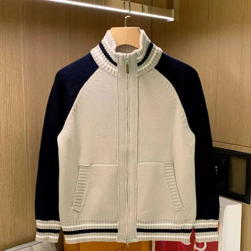 Fashion Color Block Knitwear Men's Winter Warm Casual Half High Zipper Sweater Coat Soft Double Knit Vintage Style