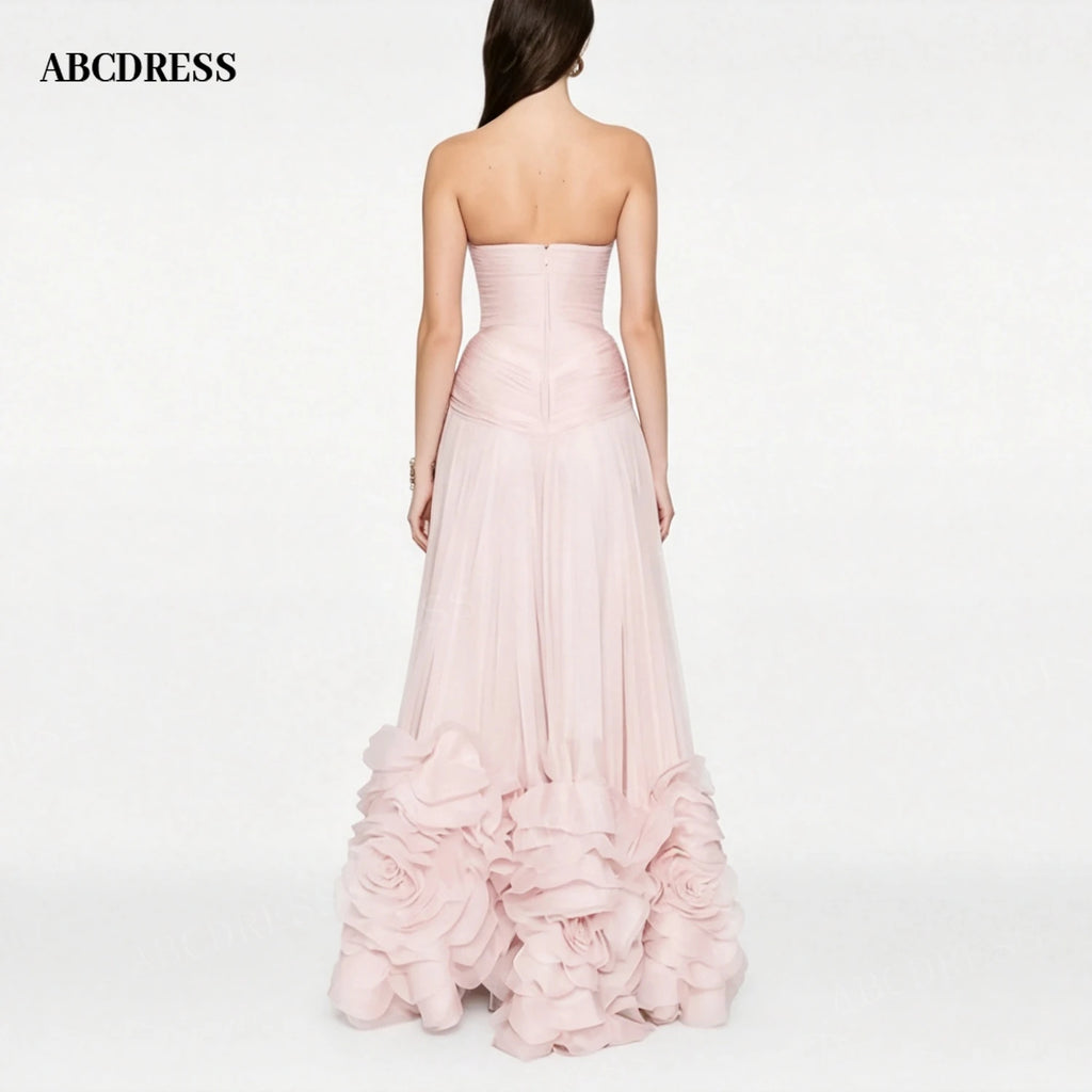 ABCDRESS Dusty Pink Strapless Evening Dress 3D Ruffled Rose Hem Prom