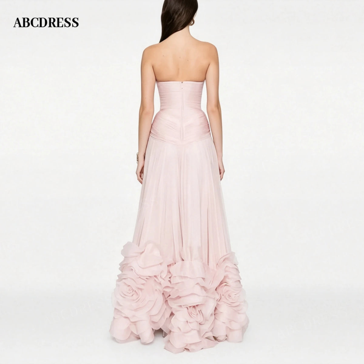 ABCDRESS Dusty Pink Strapless Evening Dress 3D Ruffled Rose Hem Prom