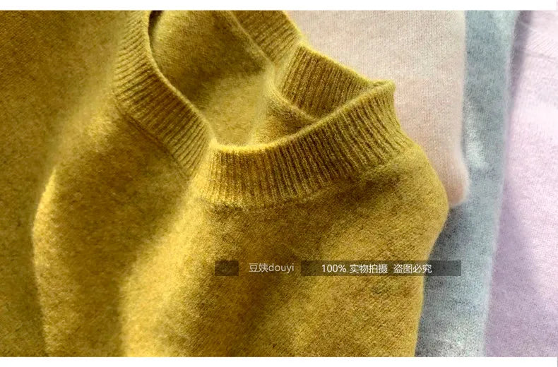 100% pure wool undershirt women's autumn and winter round-neck sweater loose high-end knitted pullover top women