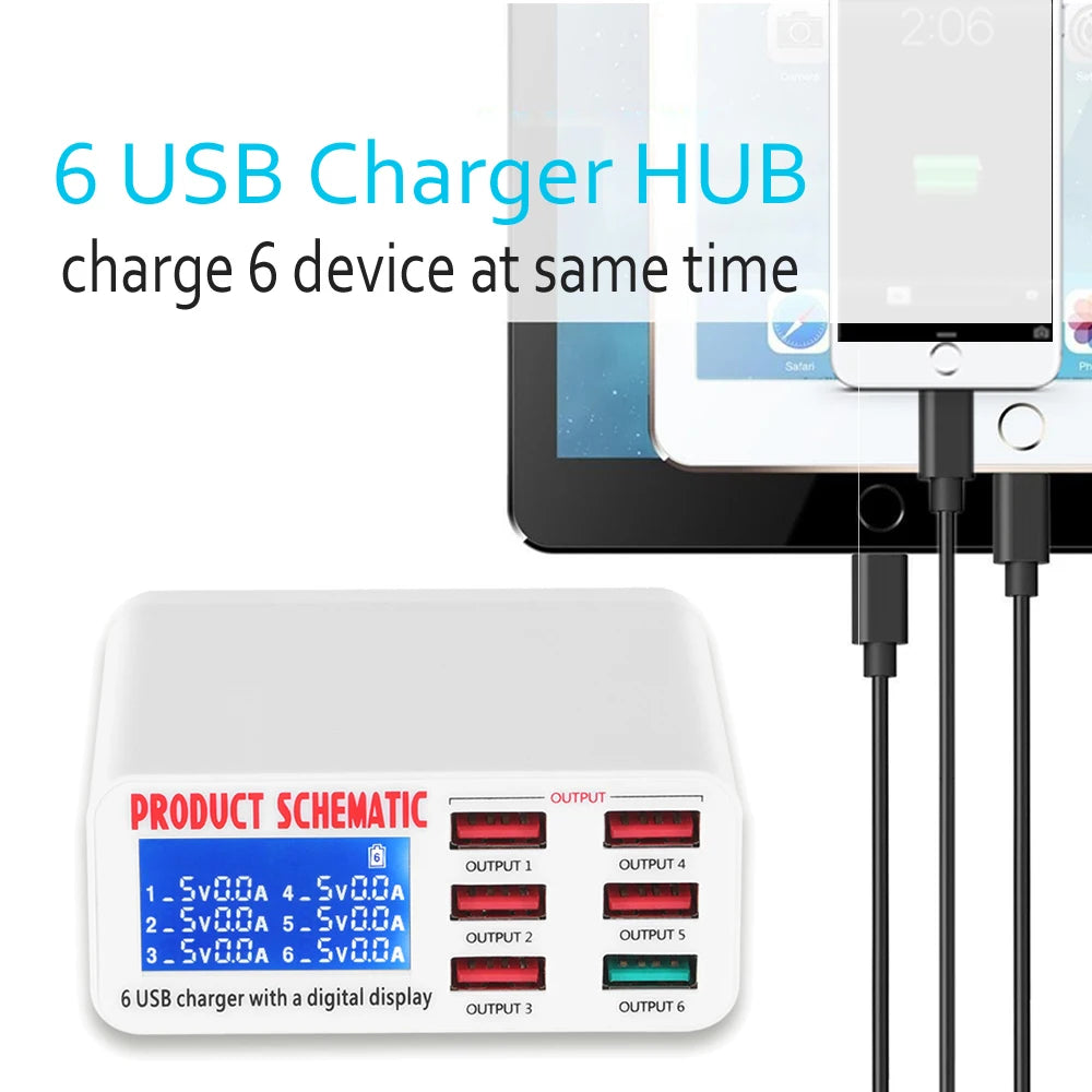 8A QC3.0 USB Charger With LCD Display 6 Ports Desktop Mobile Phone
