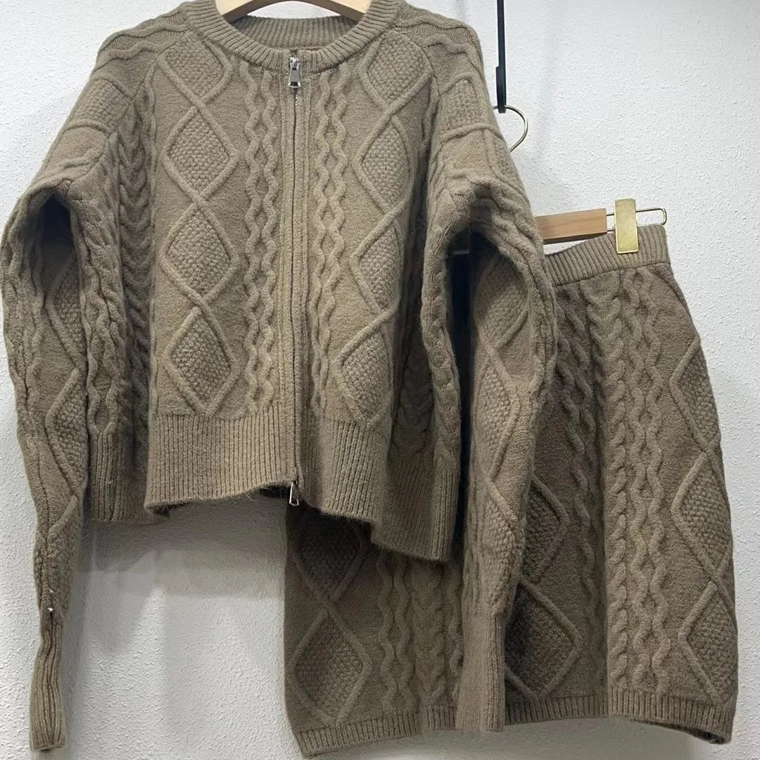 Autumn and Winter Wear Fashion Texture Knitted Sweater Cardigan Skirt Set Women's Two-piece Set