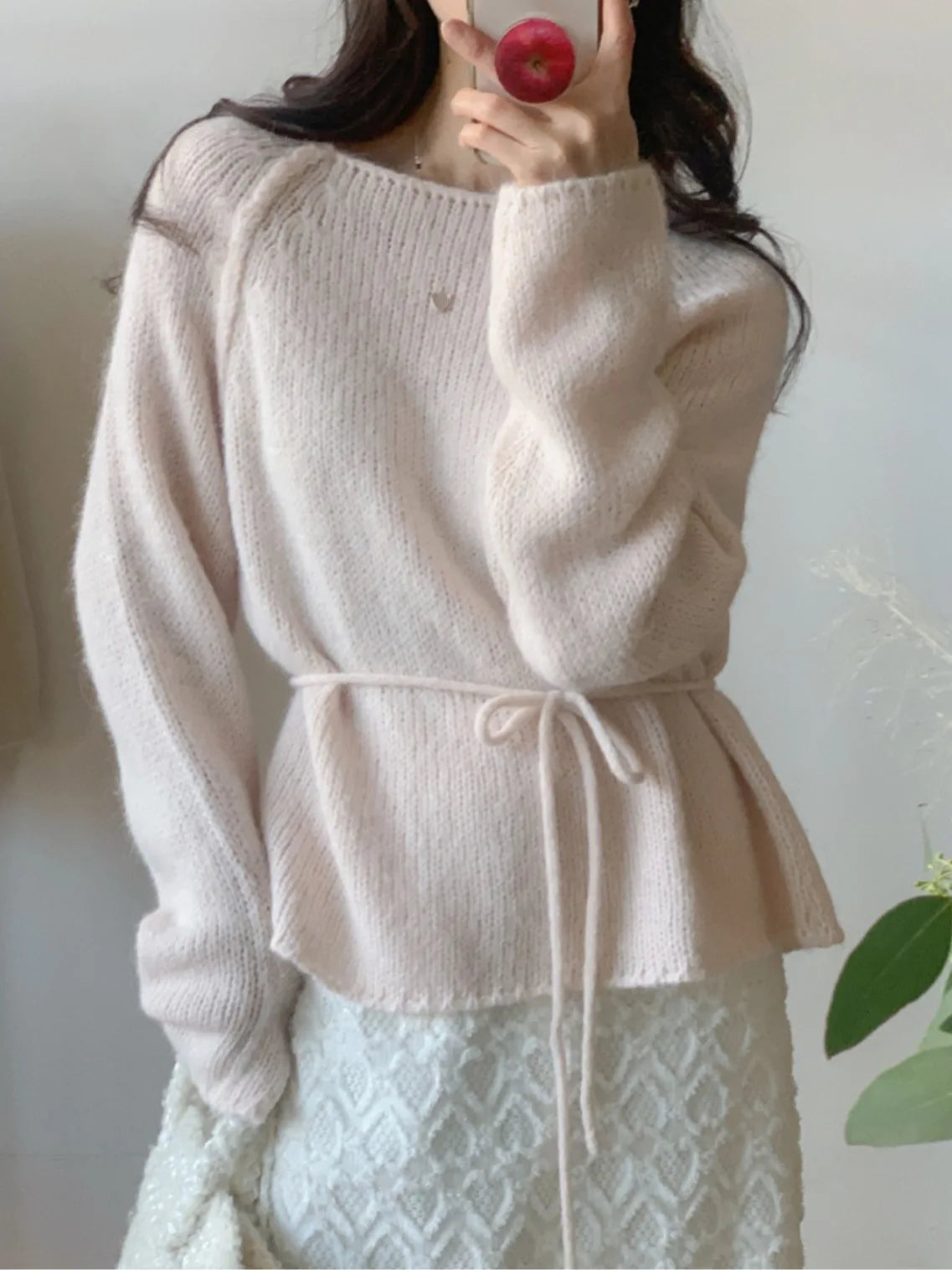 Slimming Knitted Sweater Women's Fashion Sweet Style Belted Waist One-Shoulder Winter New Soft Versatile Top Casual Streetwear