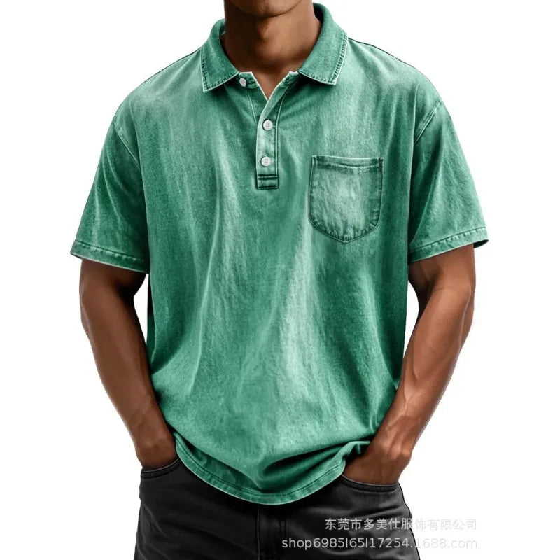 Men Pure Cotton Casual Short Sleeve Polo Shirt Button Turn-down Collar Shirt With Pocket