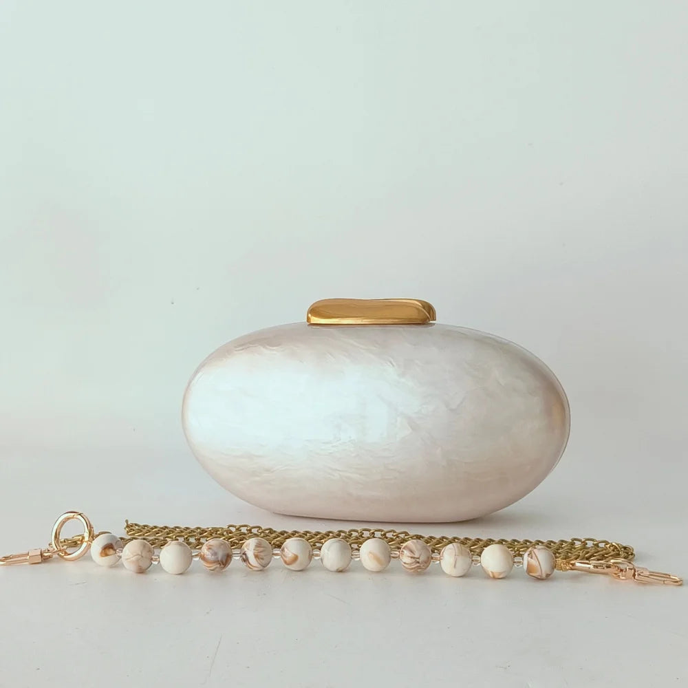 Lady Pearl Marble Brown Shell Egg Acrylic Box Clutch Purse Women Evening Purses Wedding Handbags Female Shoulder Bags Day Clutch
