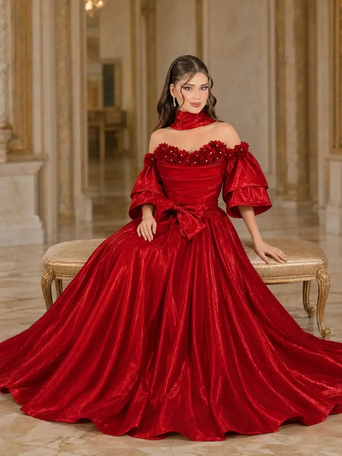 Red Off Shoulder Shiny Satin Evening Gown 3D Floral Puff Sleeve Big Bow