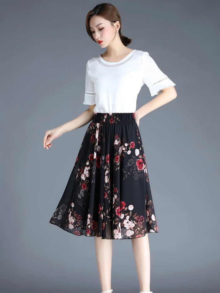 Female Skirts Floral To Knees Length Women'S Skirt Chiffon Vintage Cheap