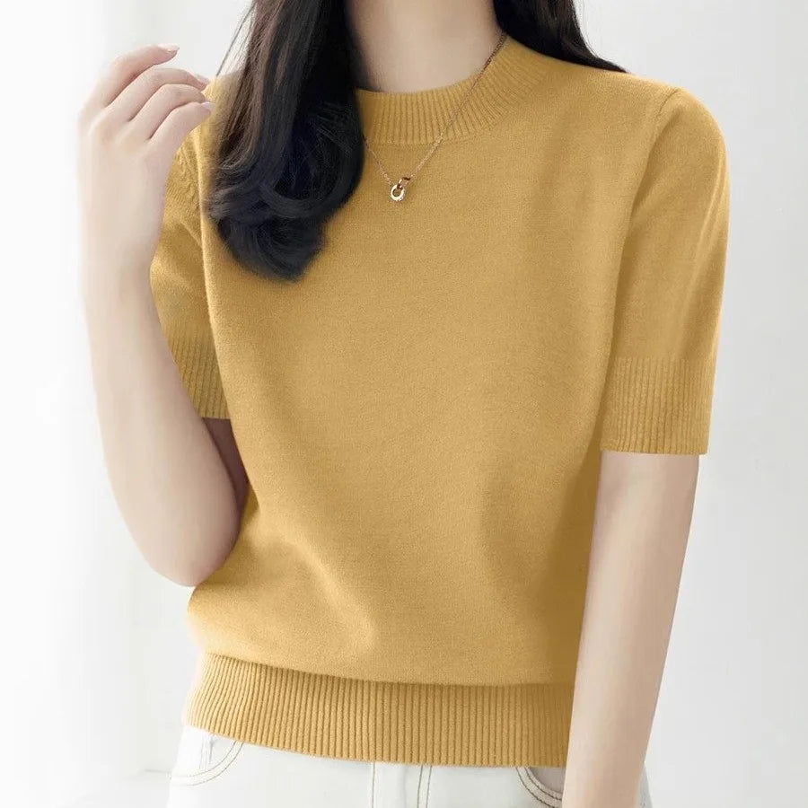 Knitwears New O-Neck Black Knitted Sweater Women Pullovers Short Sleeve Knit Sweater Pullover Women Tops Sueters De Mujer Q3104