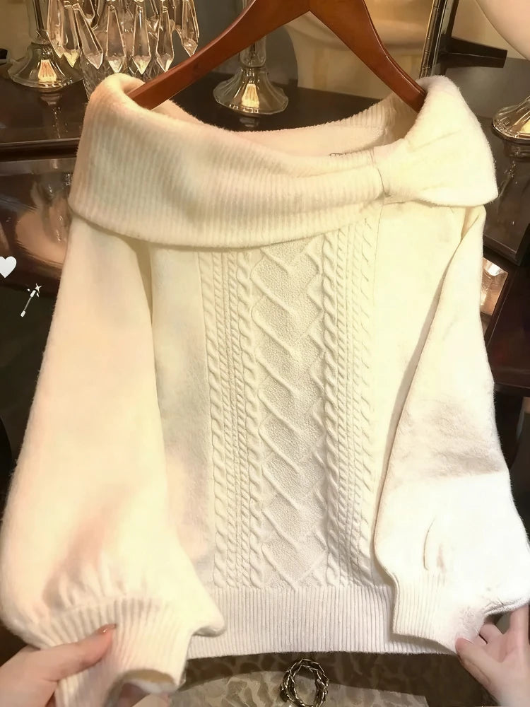 Sweet Daily Streetwear Japanese Women Slim Fit Off Shoulder Knit Jumper
