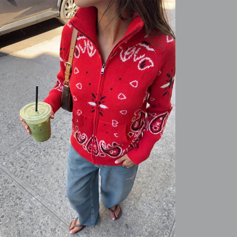 Casual Printed Knitted Women's Cardigan Long Sleeve Zippers Stand Collar Pocket Lady Sweater 2026 Autumn Chic Female Streetwear
