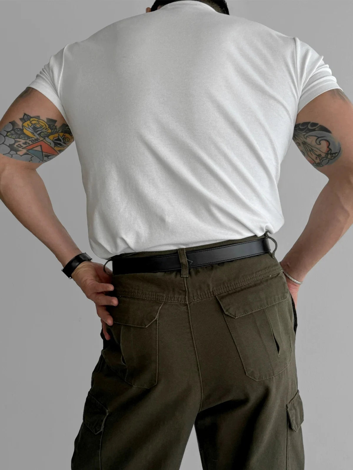American Style Hard Man Pure Cotton Henry Shirt Muscle Men Half Open V-Neck Short Sleeve Three Button T-Shirt  Shirt