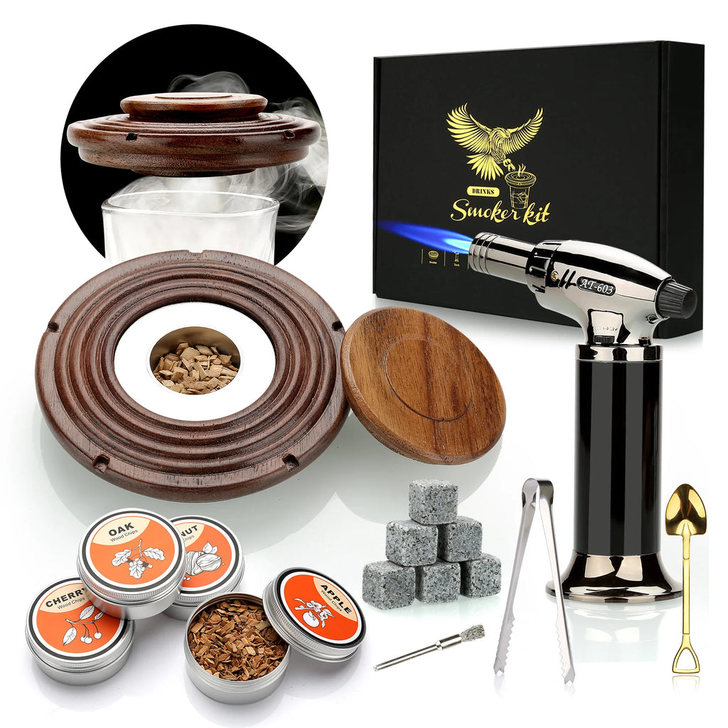 Cocktail Smoker Kit With Torch 4 Wood Chips Whiskey Stones Spoon Ice