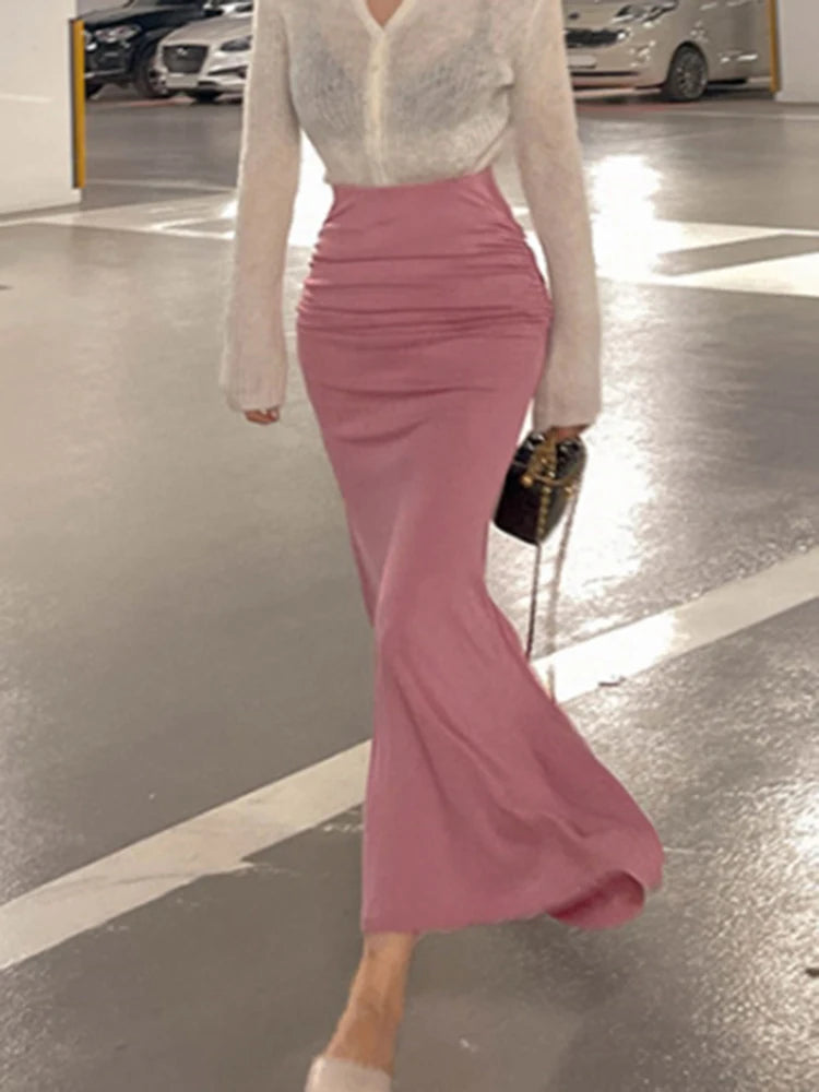 Shirring Satin Skirts for Women High Waisted Skirt Women A-Line Elegant
