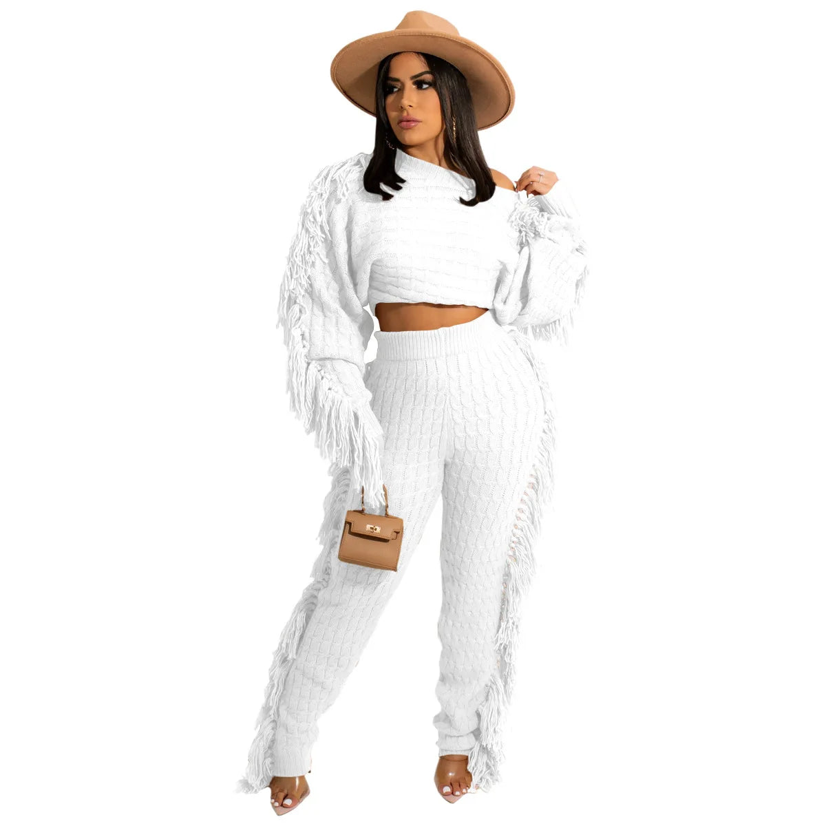 Women Sweater Knitted Pants Suit Knitting 2 Piece Set Pullover Top Trousers Ensemble Tassels Knitwear Outfits 2025 Autumn Winter