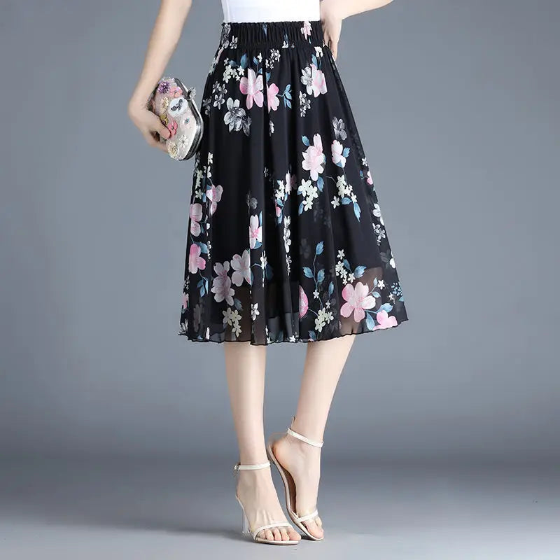 Female Skirts Floral To Knees Length Women'S Skirt Chiffon Vintage Cheap