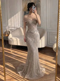 Evening Dresses Off Shoulder Appliques Lace Beads Sequins Lace-Up Back