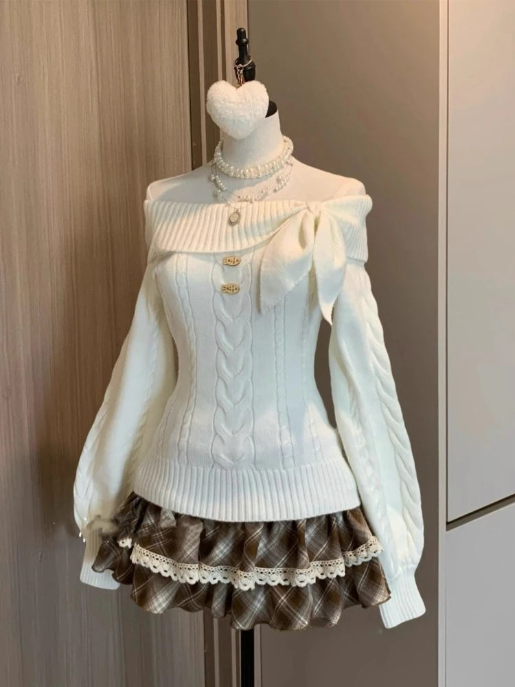 Sweet Daily Streetwear Japanese Women Slim Fit Off Shoulder Knit Jumper