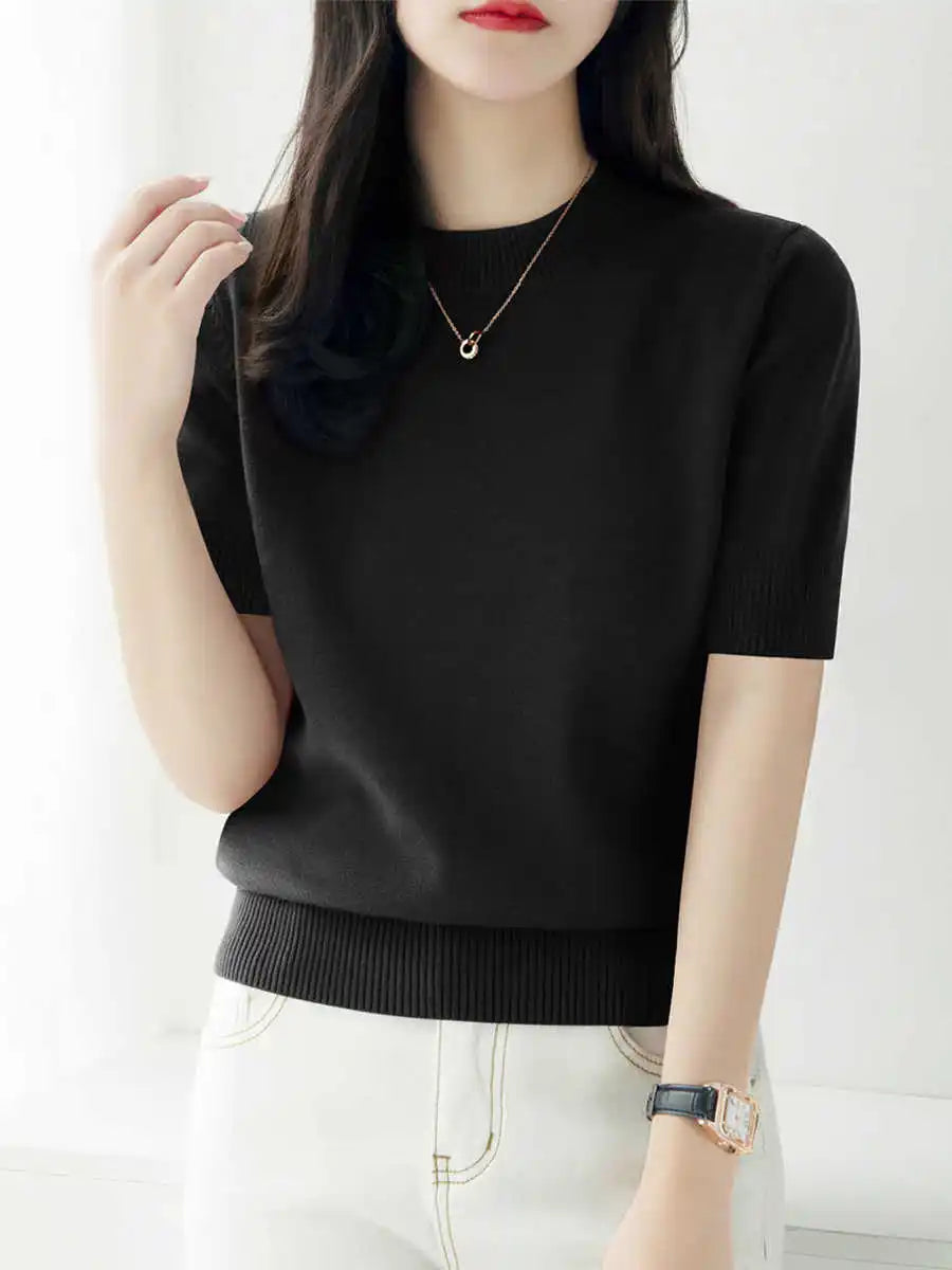Knitwears New O-Neck Black Knitted Sweater Women Pullovers Short Sleeve Knit Sweater Pullover Women Tops Sueters De Mujer Q3104