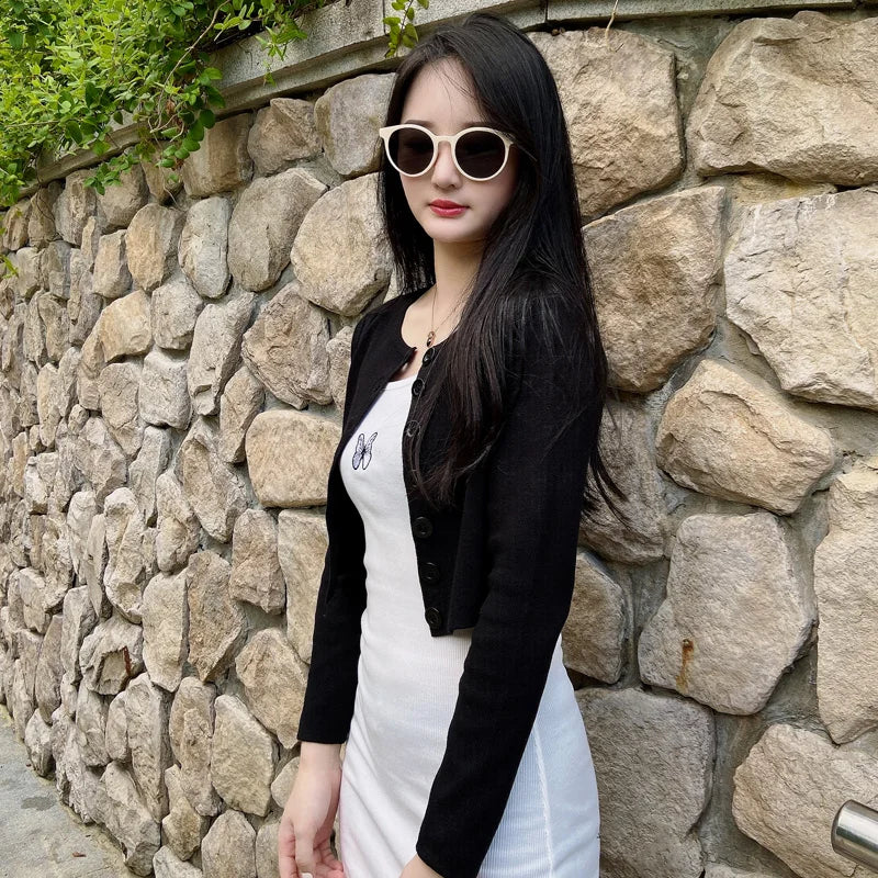 Knitted Ladies Sweaters Outerwear Black Blouses Clothing Crochet Top Jersey Cropped Tricot Korean Fashion Style Cardigan Female