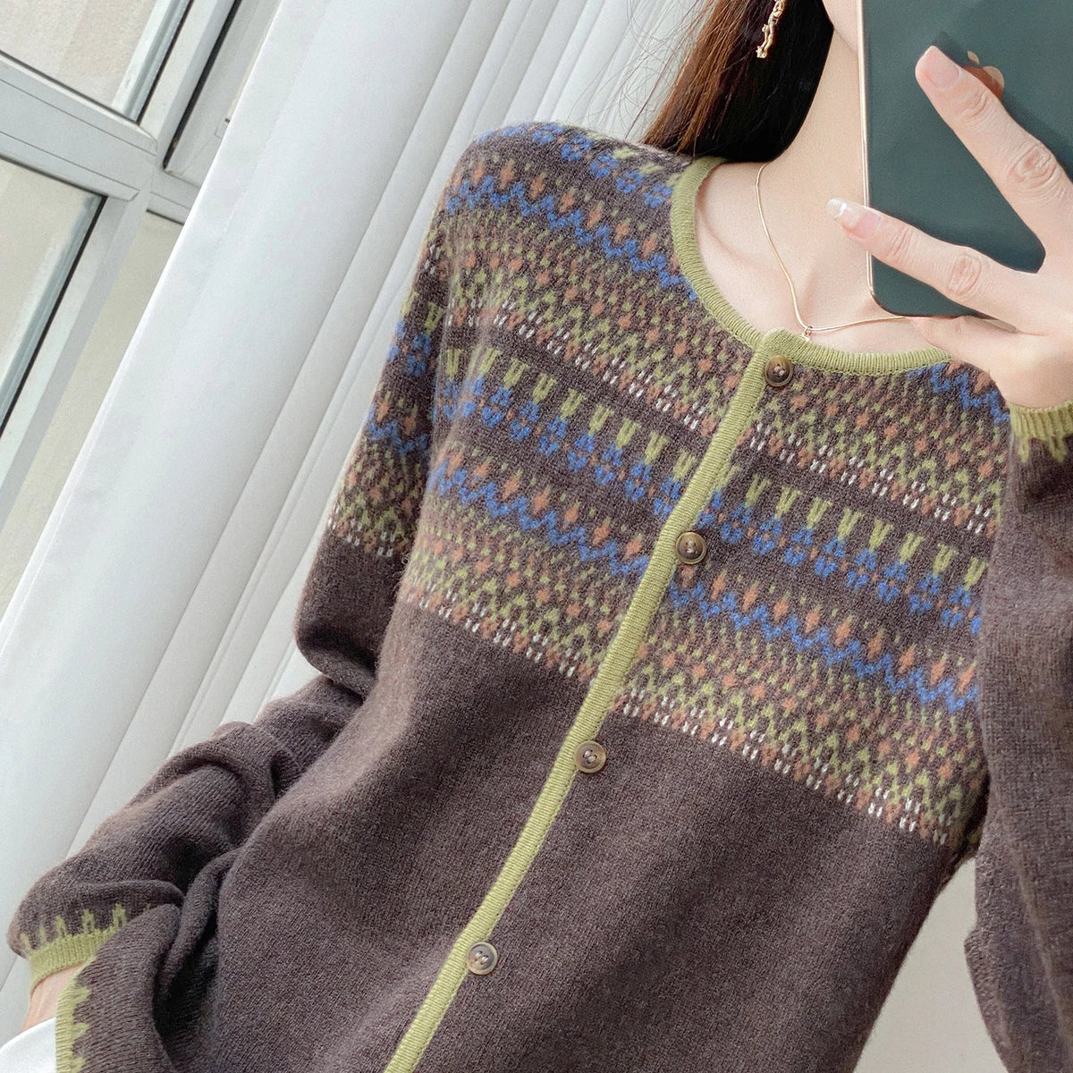 Round Neck Vintage Jacquard mercerized 100% Wool Sweater  Cardigan Women's Loose Long-sleeved Knitted Coat Women's sweater