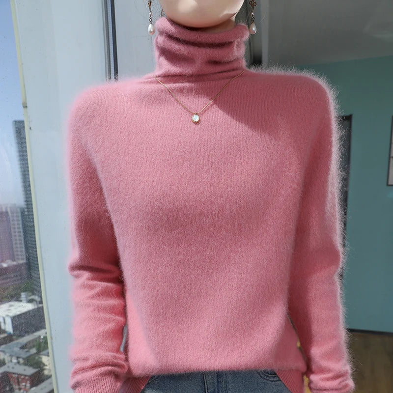100% Pure Mink Cashmere Knitted Pullovers Women High-Neck Loose Large-size Sweater Casual Warm Tops Autumn and Winter Base Shirt