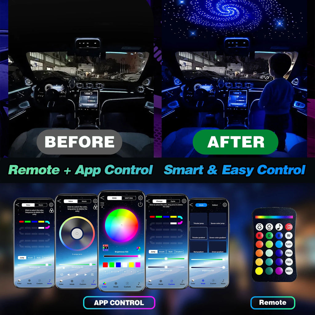 VASTFIRE Mini 16W 500/1000pcs Fiber Optic Starlight Headliner Kit for Car Home 6.5ft End Glow Fiber Strands Sound-Activated APP& Remote Control Starlight Engine