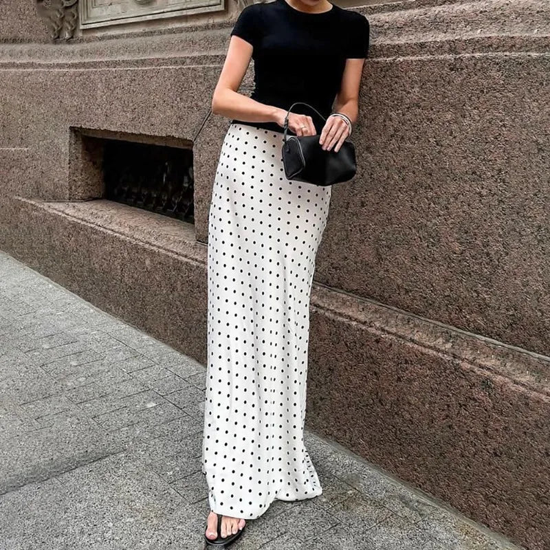 Talenza White Polka Dot Skirt Elegant Fashion Contrast Slim High Waist Patchwork Skirts Luxury New Party Women's Y2k Maxi Skirt