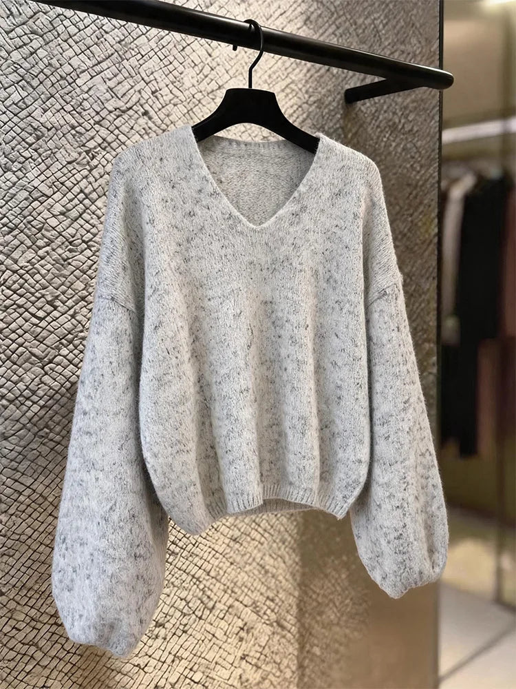 Elegant V-Neck Knitwear Casual Loose Style Autumn Winter Women's Fashion Simple Stylish Sweater Comfortable Breathable Commute