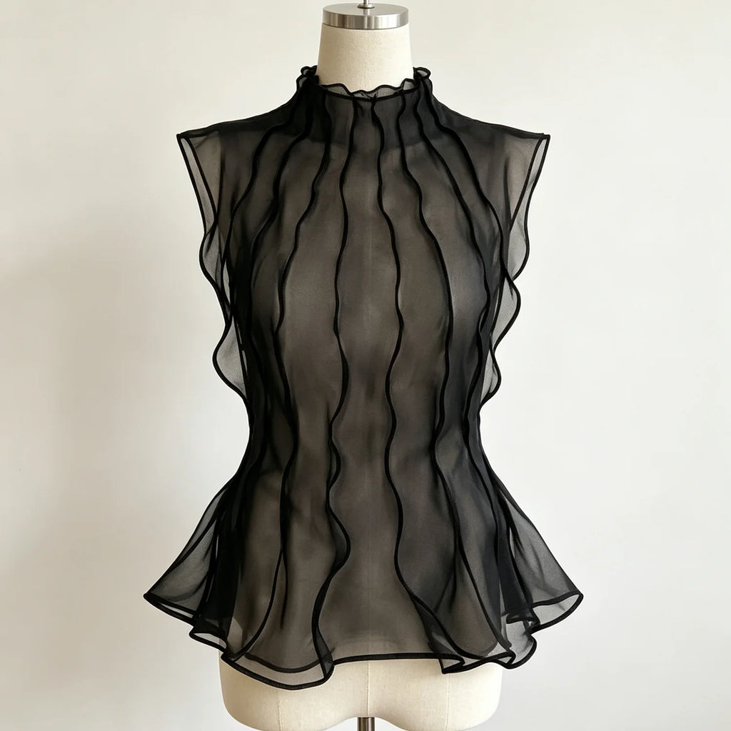 LIMO Women Sheer Organza Blouse Sleeveless High Neck Ruffle Peplum Top