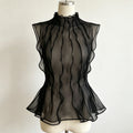 LIMO Women Sheer Organza Blouse Sleeveless High Neck Ruffle Peplum Top