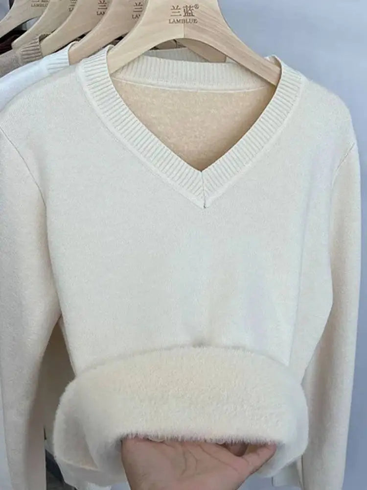 Thickened Fleece V-Neck Long Sleeve Women's Knitwear Autumn Winter Warm Soft Mink Velvet Slim Fit Crew Neck Pullover Top