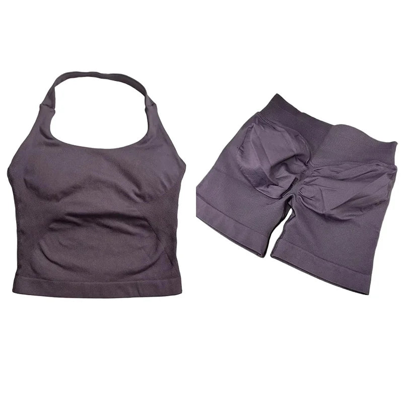 Yoga Sets Women Gym Clothes Longline Strappy Top High Waist Shorts