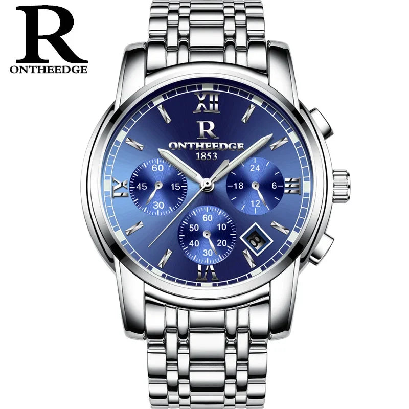 ONTHEEDGE Mens Watches Top Brand Luxury Business Quartz Watch Men All Steel Blue Face Waterproof Chronograph Relogio Masculino