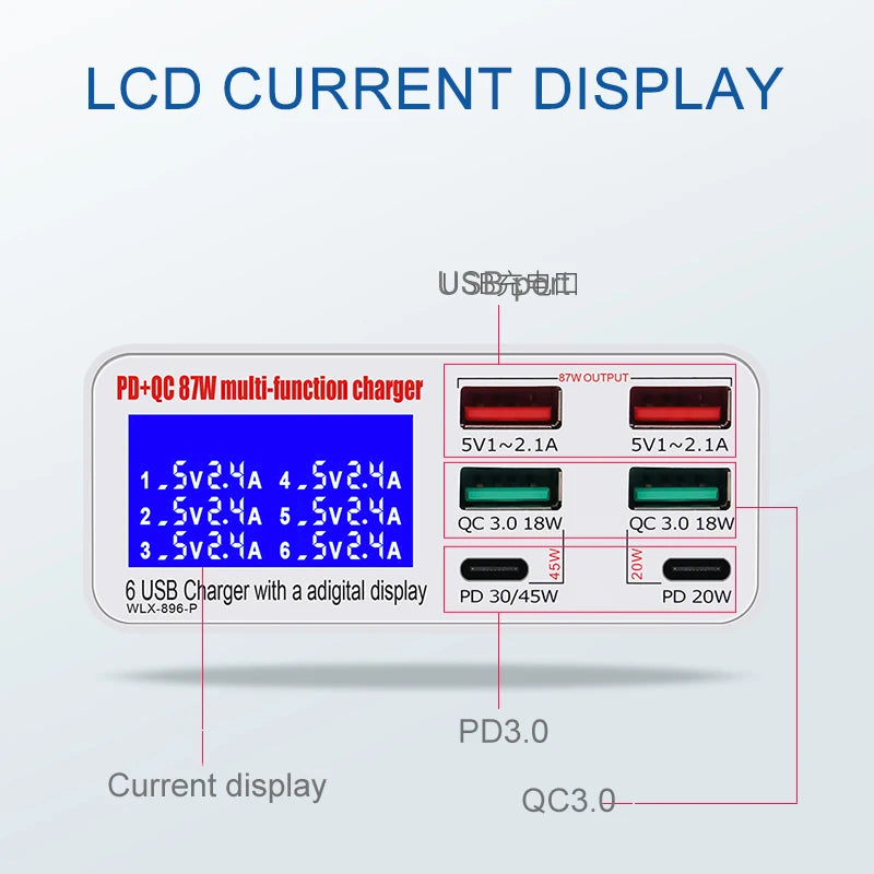 6-Port USB Charger Hub Fast Charging Station With LED Display Screen For