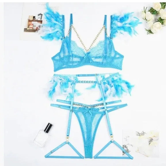 POPEYE Woman Bra Underwear 3 Pieces Erotic Lace Embroidery Feather
