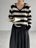 Unique Beautiful Striped Woolen Sweater Women's Loose Fit Comfortable Knitted V-Neck Warm Top Fashionable Vintage Style