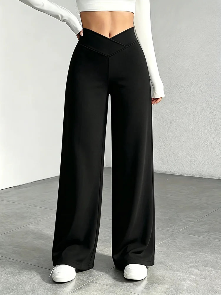 Lady's Black Cross-Waist Wide-Leg Pants, High-Waisted Abdominal-Reducing Casual Yoga Pants, Medium Stretch, Straight-Leg Style