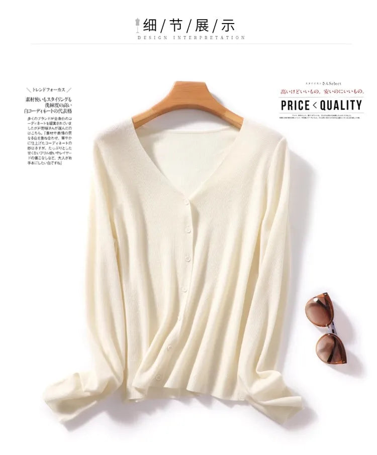 Wearable in All Seasons, 100% Superfine Worsted Wool Knitwear for Women, V Neck Long-Sleeved Cardigan Jacket, Simple Commuter Thin Outerwear, Short Style
