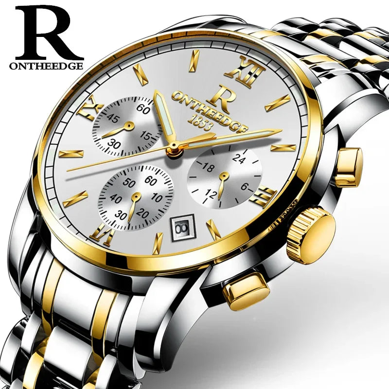 ONTHEEDGE Mens Watches Top Brand Luxury Business Quartz Watch Men All Steel Blue Face Waterproof Chronograph Relogio Masculino