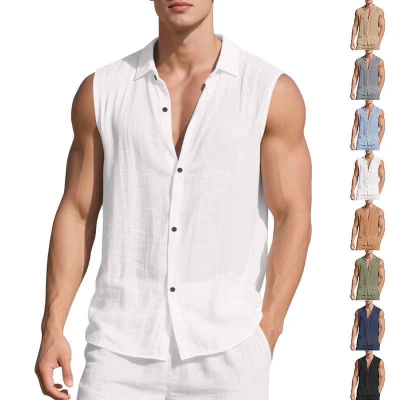 Male 2026 New Men's Sleeveless Cotton Linen Shirt Turn Down Collar Button Up Casual Beach Tops